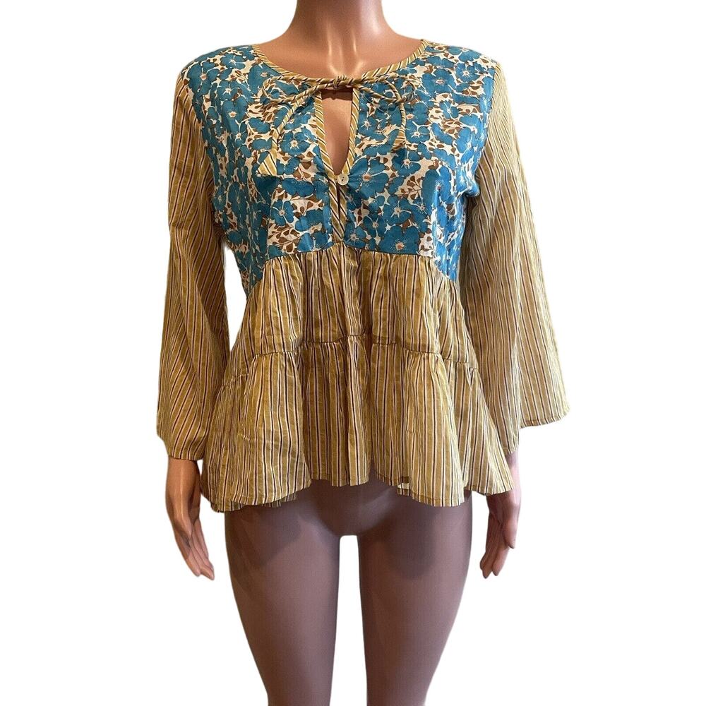 Ro’s Garden Top XS Blue Yellow Floral Babydoll Tunic Peplum Bell Sleeve Blouse